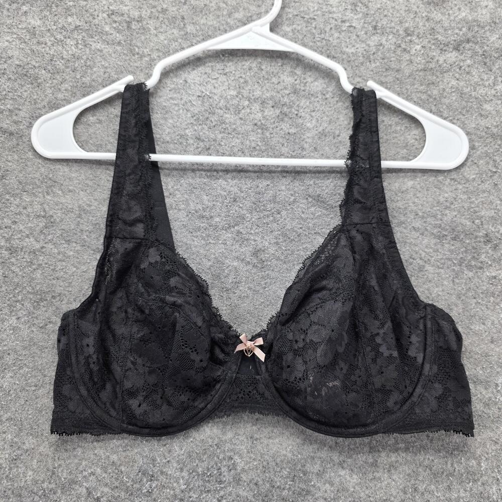 Victoria's Secret Bra Womens 36DD Black Balconette Unlined Lace Bow Sheer